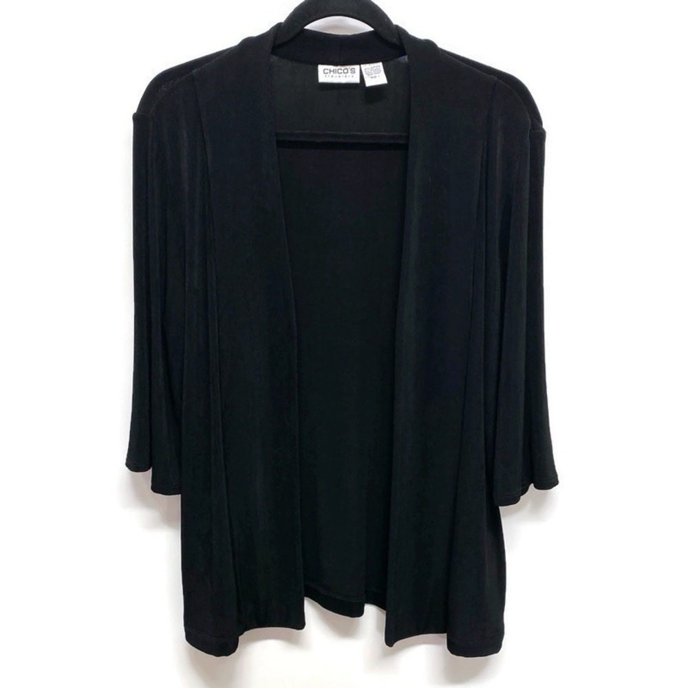 Chicos Travelers Women's Sz 1 Black 3/4 Sleeve Open Cardigan Made‎ in USA Slinky
